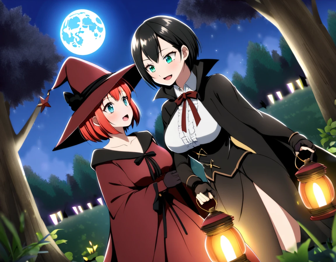 A Red haired witch girl with teal eyes and a black haired vampire gir with crimson eyesl in a forest under a full moon, both mature