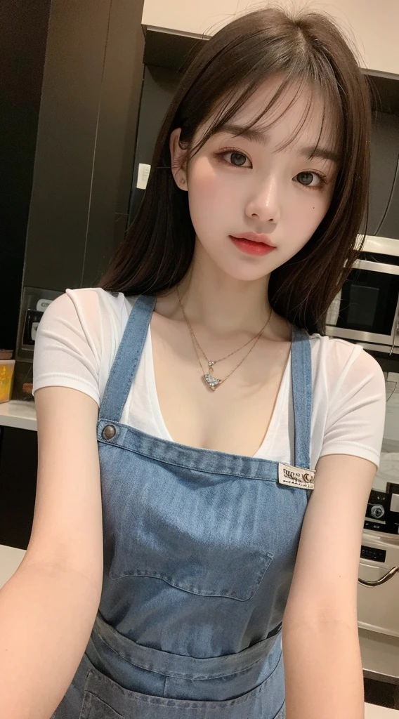 (best quality, 8k, Masterpiece: 1.3), Beautiful woman with a perfect figure: 1.4, dark brown hair, Wear a pendant, Wear an apron, in the kitchen, Highly detailed faces and skin, Detailed eyes, Double eyelids, black gray background