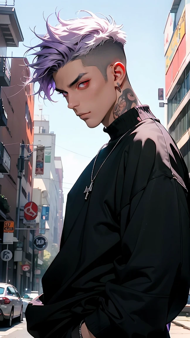 highest quality, 8K, high resolution image, anime style Jujutsu Kaisen, (Cell of Empireo/Seodoa Riddle), detailed strokes, bored look , blurred, purple light reflecting from it, (close angle), 1 man, young, male, model, hand in pocket,  cool guy, multicolored Background with various geometric shapes, around stickers, muscular, light purple hair, spiky hair ,swollen chest, Red Eyes, withe shirt, black sweater, sweatpants, side Pose, Side View
Background: big City, Streets, Park, People, blue sky, Cars, Bike