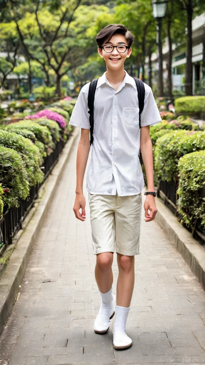 -old teenr boy, handsome cute, white pale skin tone, Japanese Indonesian boy look, tall slim body, glasses, white collar shirt short sleeve, white short pants, black school belt, white long socks, brown loafers, waving hand, opened mouth, happy, excited, attractive, walking, park pathway, bright day