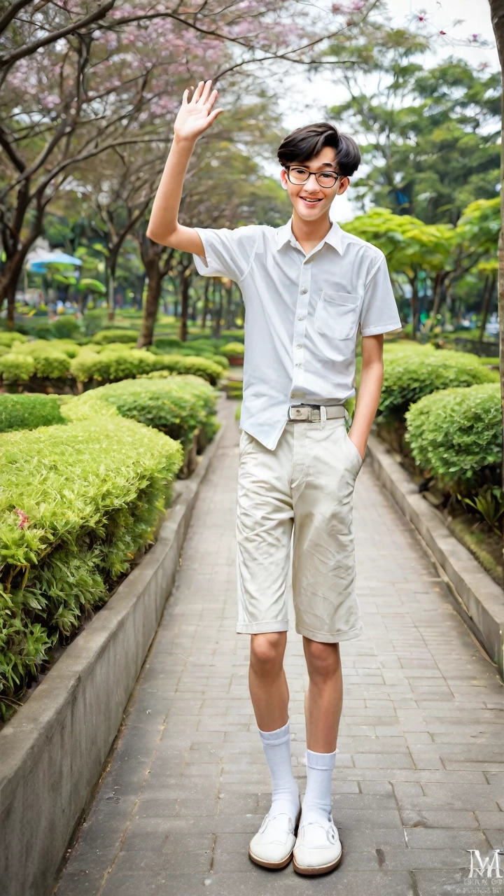 14 years-old teenager boy, handsome cute, white pale skin tone, Japanese Indonesian boy look, tall slim body, glasses, white collar shirt short sleeve, white short pants, black school belt, white long socks, brown loafers, waving hand, opened mouth, happy, excited, attractive, walking, park pathway, bright day