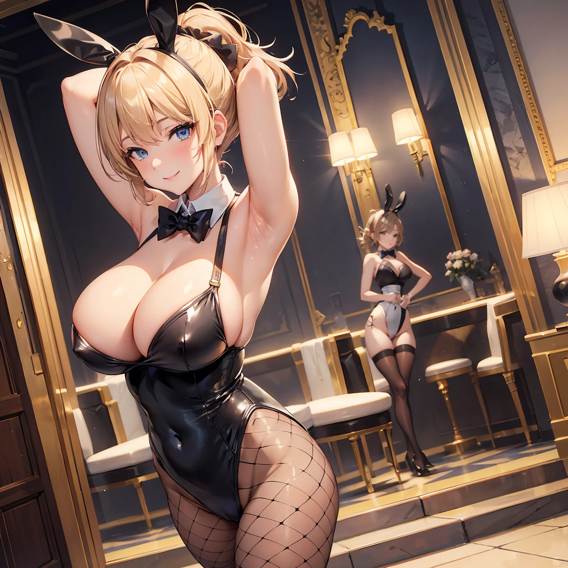 beauty, Big Breasts, Beige Hair, Loosening perm, short hair, ponytail, blue eyes, masterpiece, high quality, 4K, casino, smile, Dynamic pose, Fishnet tights, Black leotard bunny suit, Sleeveless, Cleavage, Covered breasts, Bow tie collar, cuffs, Place your arms behind your head