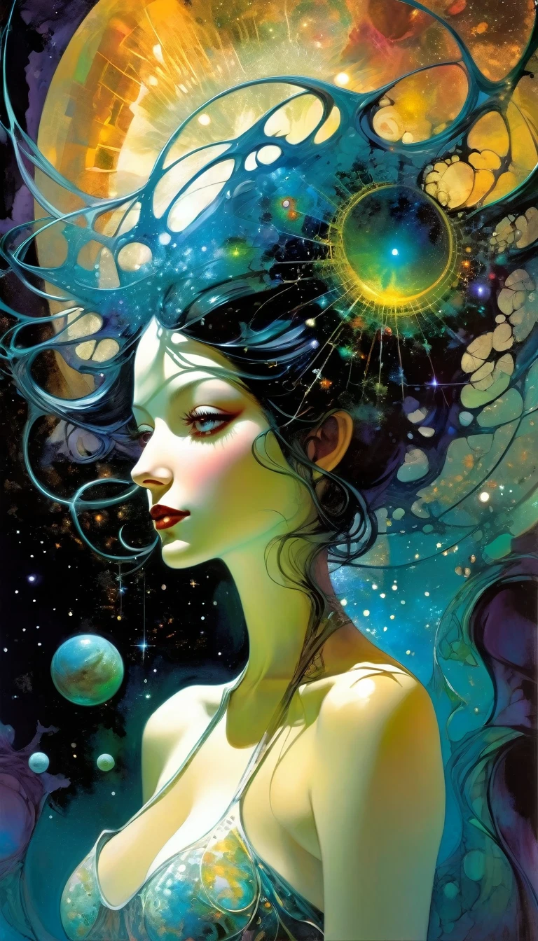 the goddess of lust, beautiful, sexy, hot spring gardens, stars, cosmos, fractal art, (art inspired by Bill Sienkiewicz). oil painting) (best quality,4k,8k,highres,masterpiece:1.2),ultra-detailed,(realistic,photorealistic,photo-realistic:1.37),intricate details,vivid colors,sharp focus,professional,Dave McKean artwork, oil touch of surrealism,oil painting style, fractal art