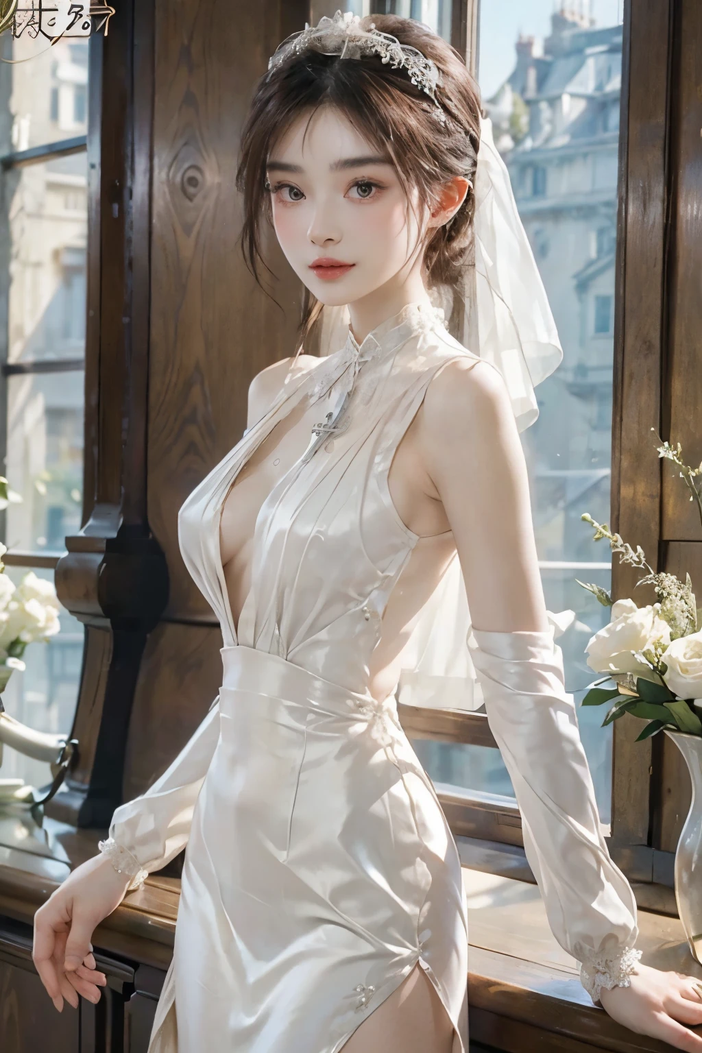 8k、 (Super sexy outfit made of shiny silk), Enchanting Girl, Very detailed,Audrey Hepburn, Exquisite decorative details 、Pastel tones 、 Very intricate details 、 Realistic Light,Luxury Bridal Dress,((sideboob))、（Wearing glasses）、From the side、(((cross-laced clothes)))、