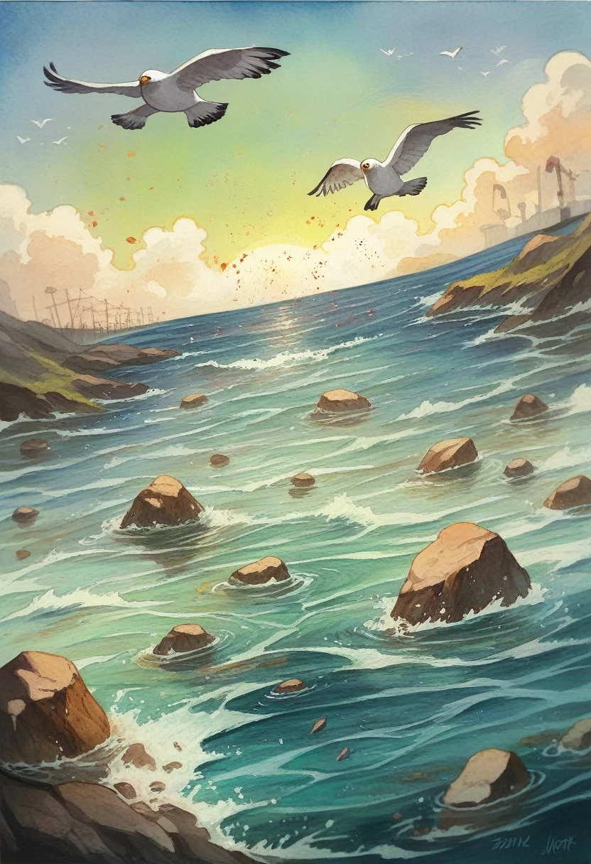 ink and watercolor painting,water ink,ink,Seagull and French fries,immortal,Bright colors,Ultra-fine,Surrealism,Super real photos,masterpiece,8K,Focus,Bokeh,detailed,Ultra-fine節,high quality,HD,Viewing angle