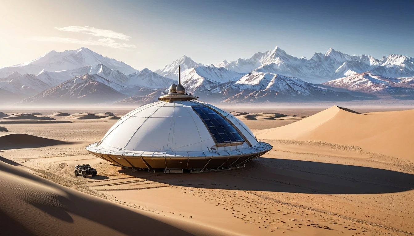landing in an arid desert with majestic mountains in the background, Detailed with worn hull, parabolic antennas, and powerful enginesVast and arid with rolling sand dunes and jagged rocks.
Mountains Tall and majestic with snow-capped peaks and verdant slopes.
Lighting: Dramatic with setting sun casting long shadows.
Atmosphere: Adventure, exploration, mystery, and danger.