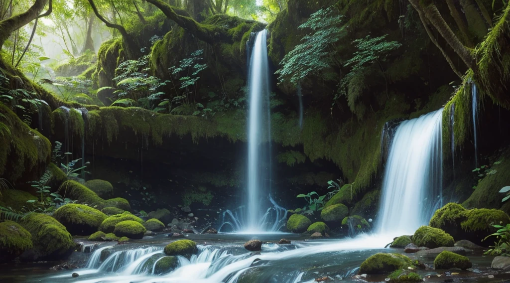 small waterfall illustration with slight flow, arvores com gotas de sereno nas folhas, ethereal of my pausagem