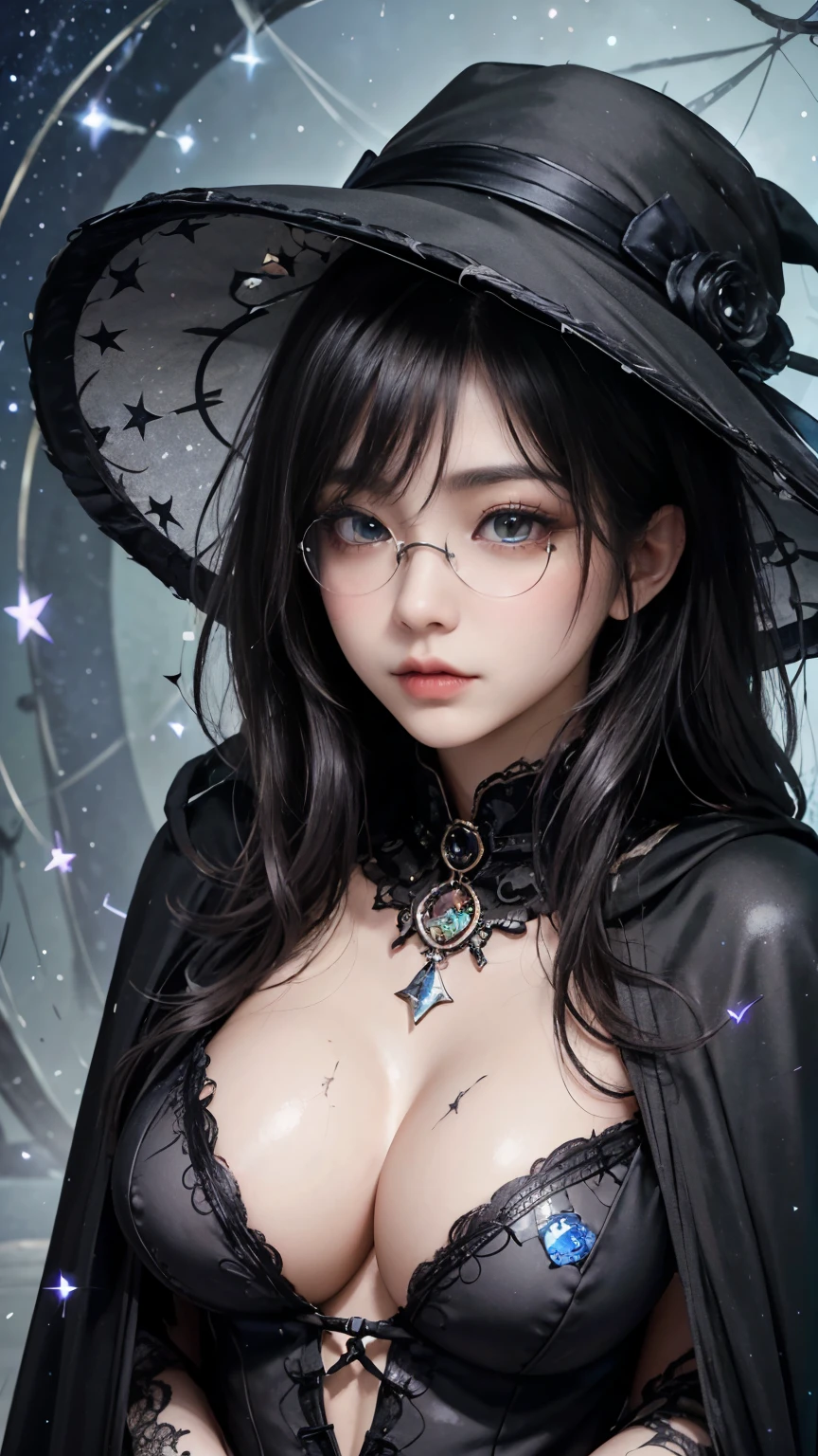 (Fatal Beauty,A charming villain,witch) ,(A supple and powerful physique),(Sensual charm),(Mysterious charm:1.1),(Captivating silhouette),((((Glasses))))、((((big sapphire necklace))))、(highest quality,High resolution:1.2),(dark,Threatening:1.1),((dark horror theme:1.5),(Thriller:1.5)),(Dark fantasy:1.5),  (((Countless stars fly away:1.5),(Absurd:1.5),(wonderful:1.5))),Woman in a dress, (Powerful numbers:1.1),(((Big Breasts))),(((Muscular:1.1))), cute face, Sexy Face, , Very detailedなbeautiful女の子, (Ideal body type:1.8), Very detailed faceexpressive lips, (Very beautiful、Crisp big eyes:1.5), Fine skin., All features are shown in detail., The outline of the fingers is beautifully drawn....., The nose is precisely shaped., expressive lips, Perfect Anatomy,cute、Realistic、(Front view:1.4),(Face Focus:1.3), realistic girl rendering, 8k artistic german bokeh, Enchanting girl, Real Girls, Gurwitz, Gurwitz-style artwork, Girl Roleplay, Realistic 3D style, cgstation Popular Topics, 8K Portrait Rendering,(truth，truth：1.4),Sexy Body,( Very lean body:1.6),Sexy pose, blush, Attractive body, Very curly hair, Purple Curly Hair, very big hair, Very curly hair, prime color,Urban,Very detailed,masterpiece,Intricate details,Faded,Very detailed, Eye on the details,Intricate details,Dark and spooky atmosphere,  spiritual being, Unforgettably beautiful, Ghostly figures, Shadow-like shape, Spooky whispers, Ominous Aura, Goth Maiden,  Like dazzling fur in a starless haze,Her Mogul Snaps, Mysterious Cemetery,Black hair swaying in the moonlight, She summons darkness, (beautiful: 1.7), (Black Hat: 1.6), (An intricately decorated jet-black cloak: 1.6), (Delicately decorated cloak, Despite the damage: 1.5), Hypermaximalist,  Breathtaking oil paintings, Surreal, Ultra-realistic digital illustrations that mimic the style of oil paintings, Wonderful configuration,  (Shining Eyes:1.6)、(Glowing Eyes:1.1),(hellish landscape:1.1),(fire,sulfur:1.1),(Threatening atmosphere:1.1),(dark shadows,Threatening p