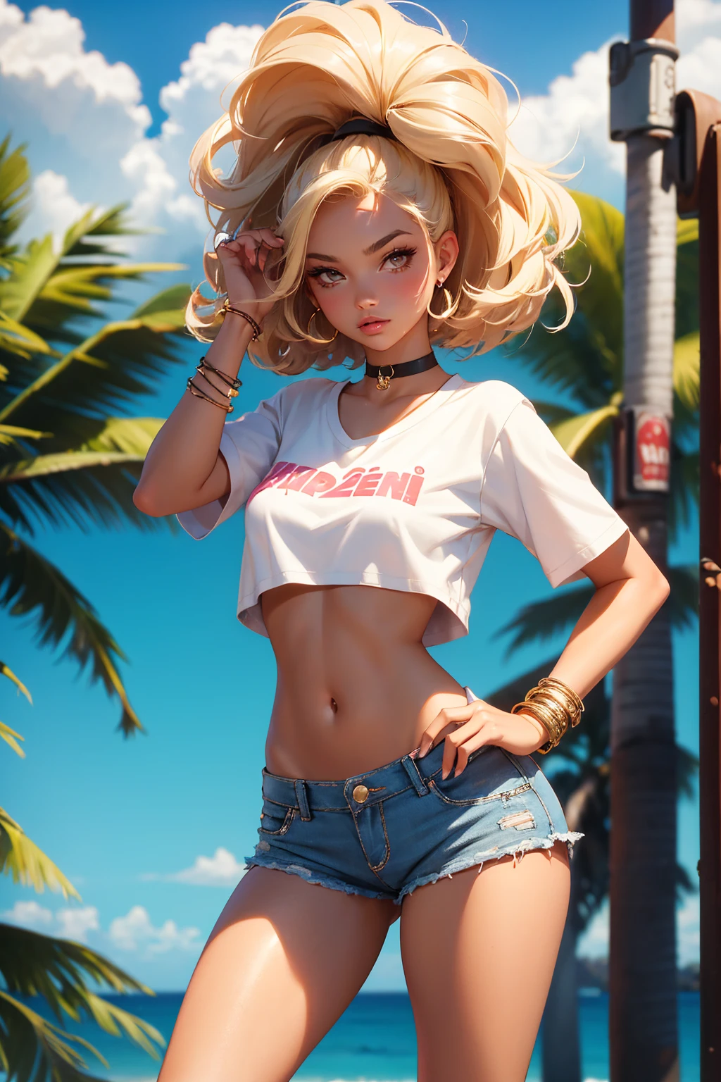 Teenage girl-model 18 years old, beautiful, tanned, blonde, bob hair, bangs, brown eyes, beautiful figure, girl wearing crop shirt and too short mini shorts, beautiful long legs, slave bracelets, slave choker, manicure, cute makeup, flirtatiously posing, hot summer, hot flirty, sexy posing, summer outfit, top quality, higest quality, pin-up style, retro 80s style, Daisy Dukes style, Miami vibes, Californian