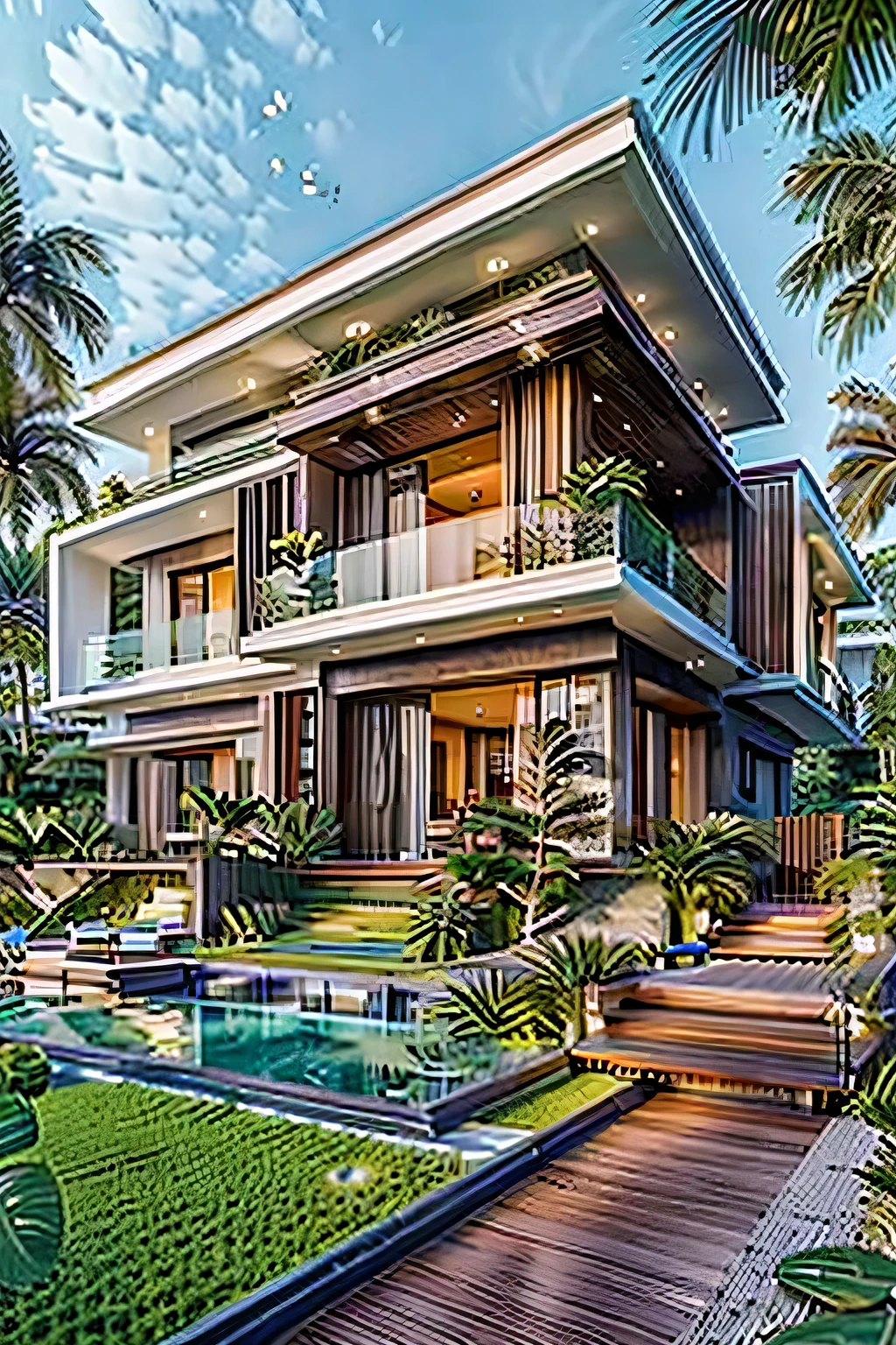 the exquisite beauty of modern style villa with nature, realistic, professional, vivid colors, soft lighting, beach landscapes, detailed trees, colorful flowers, gentle breeze, clear blue sky, the sunlight filters through the leaves of the tree, vibrant hues, natural tranquility, lush greenery