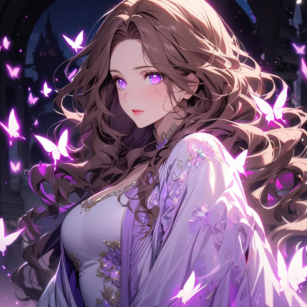 girl, brown hair, wavy hair, long hair, glowing purple eyes, mature, gorgeous, beautiful background, super detail, beautiful color, glowing butterfly, angel, 