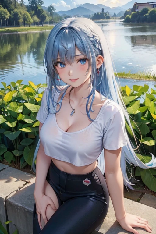 #Basics A girl is posing for a photo, animeのかわいい女の子, (((One Girl, Baby Face, 16 years old))),
BREAK
#Clothing Accessories
((Black on red)T-shirt:1.4 + (Red on blue)Knee-length&Pants with a wide hem:1.4 + sneakers),
(big silver necklace, Silver earrings),
BREAK
#Features
(Light blue hair:1.4, amount:1.4, Chest-length sideburns, Long Hair : Hair fluttering in the wind + Very long hair + Curly, voluminous hair that spreads out to the sides, White hair band),
(Droopy eyes,blue eyes), (Small breasts),
BREAK
#expression
(smug face, Wicked Smile),
#background environment
((noon, Sunshine + Paddy field + Rural landscape + rainbow)),
#composition
(Face the viewer:1.4, Aggressive Pose, Cowboy Shot:1.4),
BREAK
#Body parts elements
(Beautiful Hair,Shiny Hair),
(double eyelid, Long eyelashes),
(Expression of fine eyes, Beautiful and delicate eyes, Sparkling eyes, Eye Reflexes),
(Human Ear),
(Beautiful Nose, Thin Nose),
(Glossy lips, Beautiful Lips, Thick lips), (Symmetrical facial features),
(Detailed skin, Textured skin, Beautiful Skin),
BREAK
#Quality
(((Highest quality)), ((masterpiece)), ((Very detailed))), ((High resolution), (16k,1080p)),
(Realistic), (Anatomically correct),
((comics, anime)), (3DCG), CG illustration,