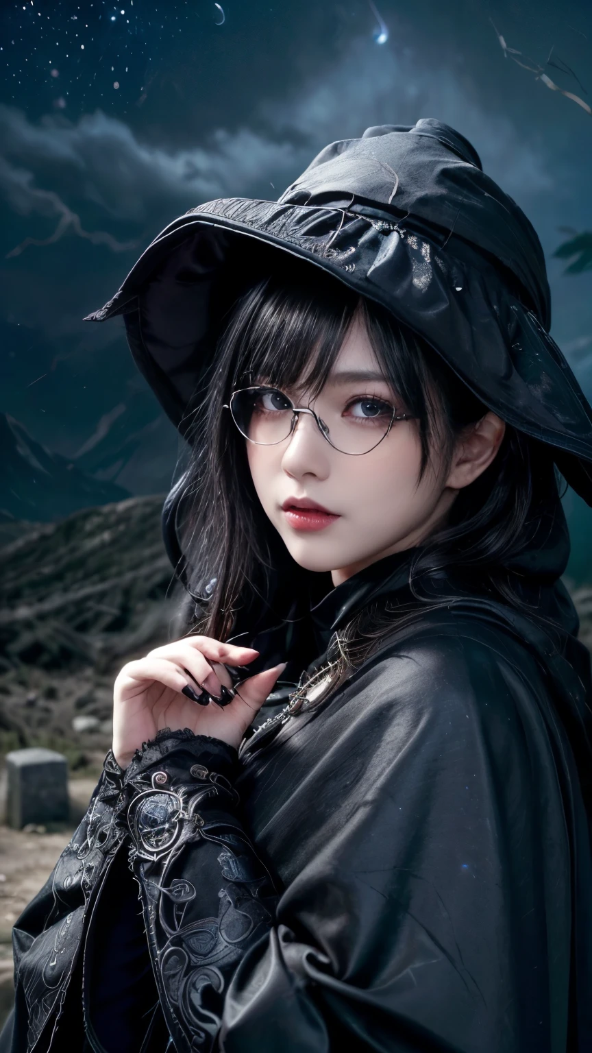 (Fatal Beauty,A charming villain,witch) ,(A supple and powerful physique),(Sensual charm),(Mysterious charm:1.1),(Captivating silhouette),((((Glasses))))、((((big sapphire necklace))))、(highest quality,High resolution:1.2),(dark,Threatening:1.1),((dark horror theme:1.5),(Thriller:1.5)),(Dark fantasy:1.5), (((Countless stars fly away:1.5),(Absurd:1.5),(wonderful:1.5))),Woman in a dress, (Powerful numbers:1.1),(((Big Breasts))),(((Muscular:1.1))), cute face, Sexy Face, , Very detailedなbeautiful女の子, (Ideal body type:1.8), Very detailed faceexpressive lips, (とてもbeautiful、Crisp big eyes:1.5), Fine skin., All features are shown in detail., The outline of the fingers is beautifully drawn....., The nose is precisely shaped., expressive lips, Perfect Anatomy,cute、Realistic、(Front view:1.4),(Face Focus:1.3), realistic girl rendering, 8k artistic german bokeh, Enchanting girl, Real Girls, Gurwitz, Gurwitz-style artwork, Girl Roleplay, Realistic 3D style, cgstation Popular Topics, 8K Portrait Rendering,(truth,truth:1.4),Sexy Body,( Very lean body:1.6),Sexy pose, blush, Attractive body, Very curly hair, Purple Curly Hair, very big hair, Very curly hair, prime color,Urban,Very detailed,masterpiece,Intricate details,Faded,Very detailed, Eye for details,Intricate details,暗くてSpooky atmosphere, Spiritual Beings, Unforgettably beautiful, Ghostly figures, Shadow-like shape, Spooky whispers, Ominous Aura, Goth Maiden, Like dazzling fur in a starless haze,Her Mogul Snaps, Mysterious Cemetery,Black hair swaying in the moonlight, She summons darkness, (beautiful: 1.7), (Black Hat: 1.6), (An intricately decorated jet-black cloak: 1.6), (Delicately decorated cloak, Despite the damage: 1.5), Hypermaximalist, Breathtaking oil paintings, Surreal, Ultra-realistic digital illustrations that mimic the style of oil paintings, wonderful構成, (Shining Eyes:1.6)、(Glowing Eyes:1.1),(hellish landscape:1.1),(fire,sulfur:1.1),(Threatening atmosphere:1.1),(dark shadows,Threatening presence:1.1),(Unlucky Clouds,Stormy Skies:1.1),(dark,Spooky atmosphere:1.1),(Aura of misfortune,Evil energy:1.1),(dark aura,cigarette:1.1),(Extreme heat,Burning Flames:1.1),(Nightmare Visions:1.1),(Predicting the end:1.1),(Whispers of misfortune,Devilish Laugh:1.1),(Cry of pain,echoing screams:1.1),(Bad luck symbol,Ancient runes:1.1),(Mysterious Relic,dark art ifacts:1.1),(Infernal Ritual,Ritual sacrifice:1.1),(Eternal Ruin,A hopeless existence:1.1), Inspired by abandoned mech backgrounds. Art created by Craig Mullins, Necrostyle., Detailed Description, Futuristic sci-fi scene. Focus on SFCon