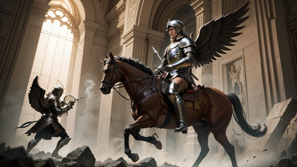 Cinematic image with rich details of Saint Michael the Archangel wearing shining armor, raising his sword and stepping on the devil's head