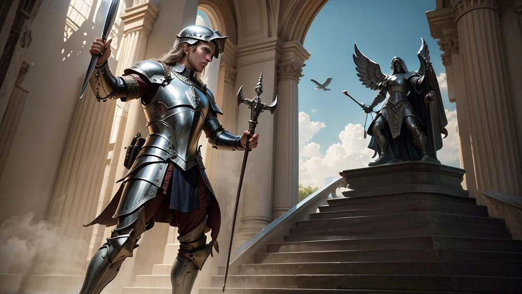 Cinematic image with rich details of Saint Michael the Archangel wearing shining armor, raising his sword and stepping on the devil's head
