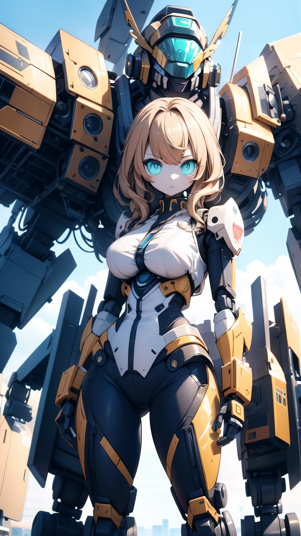 Girl standing in front of the mecha，Mech pilot，Rounded curves of the mecha，Mecha Background，Mechanical style background，Girl in tights standing in front of mecha，Girl standing in front of a mecha，Behind the girl is a huge mecha，Standing in front of the mech，The girl in tights stands in front of the tall mecha，Behind the girl in tights is a mecha，女孩Standing in front of the mech，女孩Standing in front of the mech，Standing in front of the mech的女孩，Mecha Background，The background is a mecha，女孩Close-up above the waist，Tilt view lens，Girl standing under the mecha，Girl close-up from waist up，Close-up above the waist，Upper body close-up