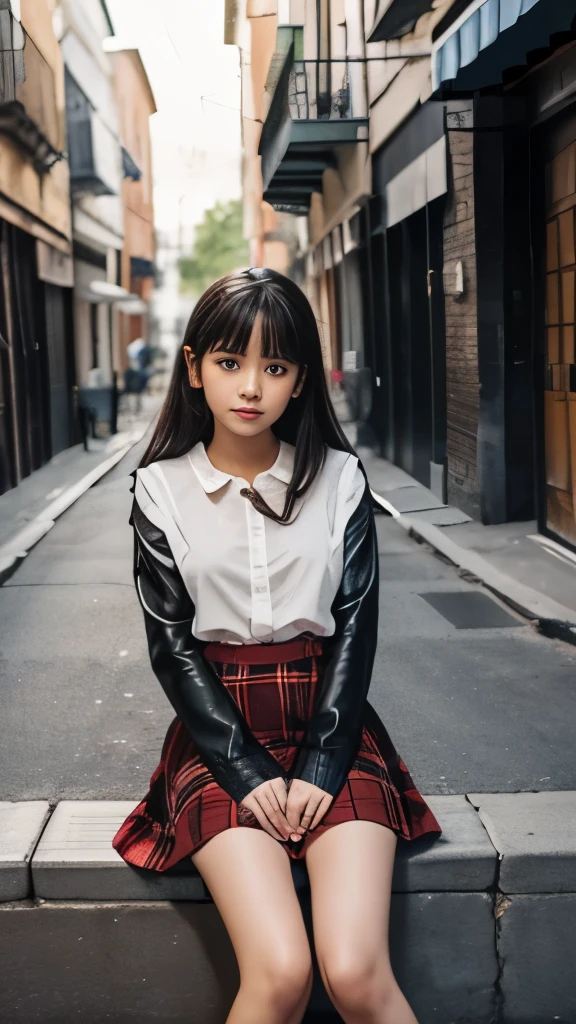 1 girl,8ｋ,Fine details, photo rial,Photo quality、Large file size, Highly detailed CG Unity 8k 、 Long Hair, , face:1.7, whole body, Gal Makeup,miniskirt,sitting in the front on the Alley,up skirt,