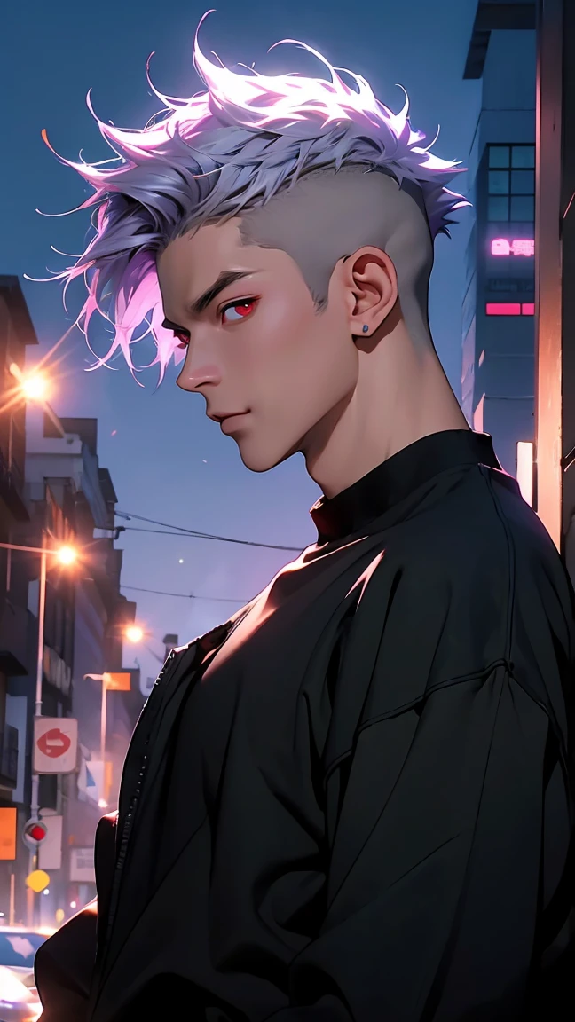highest quality, 8K, high resolution image, anime style Jujutsu Kaisen, (Cell of Empireo/Seodoa Riddle), detailed strokes, bored look , blurred, purple light reflecting from it, (close angle), 1 man, young, male, model, hand in pocket, cool guy, multicolored Background with various geometric shapes, around stickers, muscular, light purple hair, spiky hair ,swollen chest, Red Eyes, withe shirt, black sweater, sweatpants, side Pose, Side View Background: big City, Streets, Park, People, blue sky, Cars, Bike
