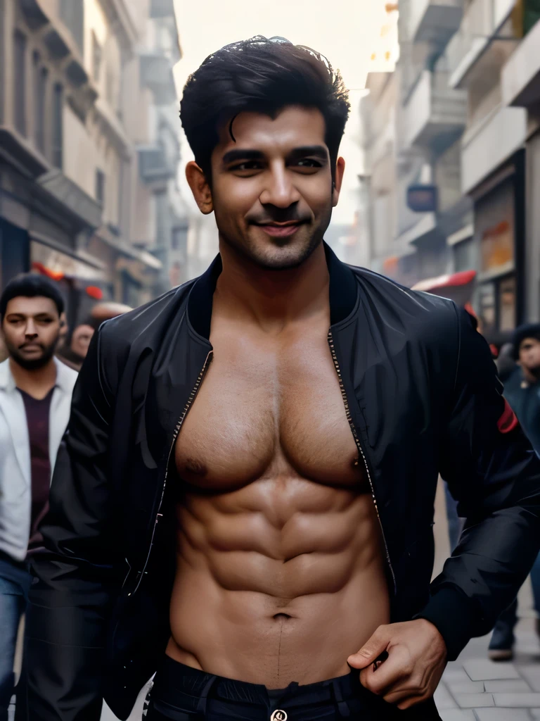 Hritik roshan goes shirtless in front of crowded people on a City Street.his nipple touched by the Guy. He gigles. He laugh. The wind blow the coat. He just wear the bomber Jacket with no Shirt inside. (winter) 