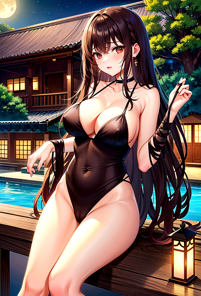 Masterpiece、Highest quality、Tanned woman with big 、Brown Hair、Long Wavy Hair、White shirt、Black Bra、Black panties、Hot spring inn、a bright moon shines over beautiful scenery of garden and river in night time, moon, architecture, tree, east asian architecture, full moon, scenery, night, cloud, sky