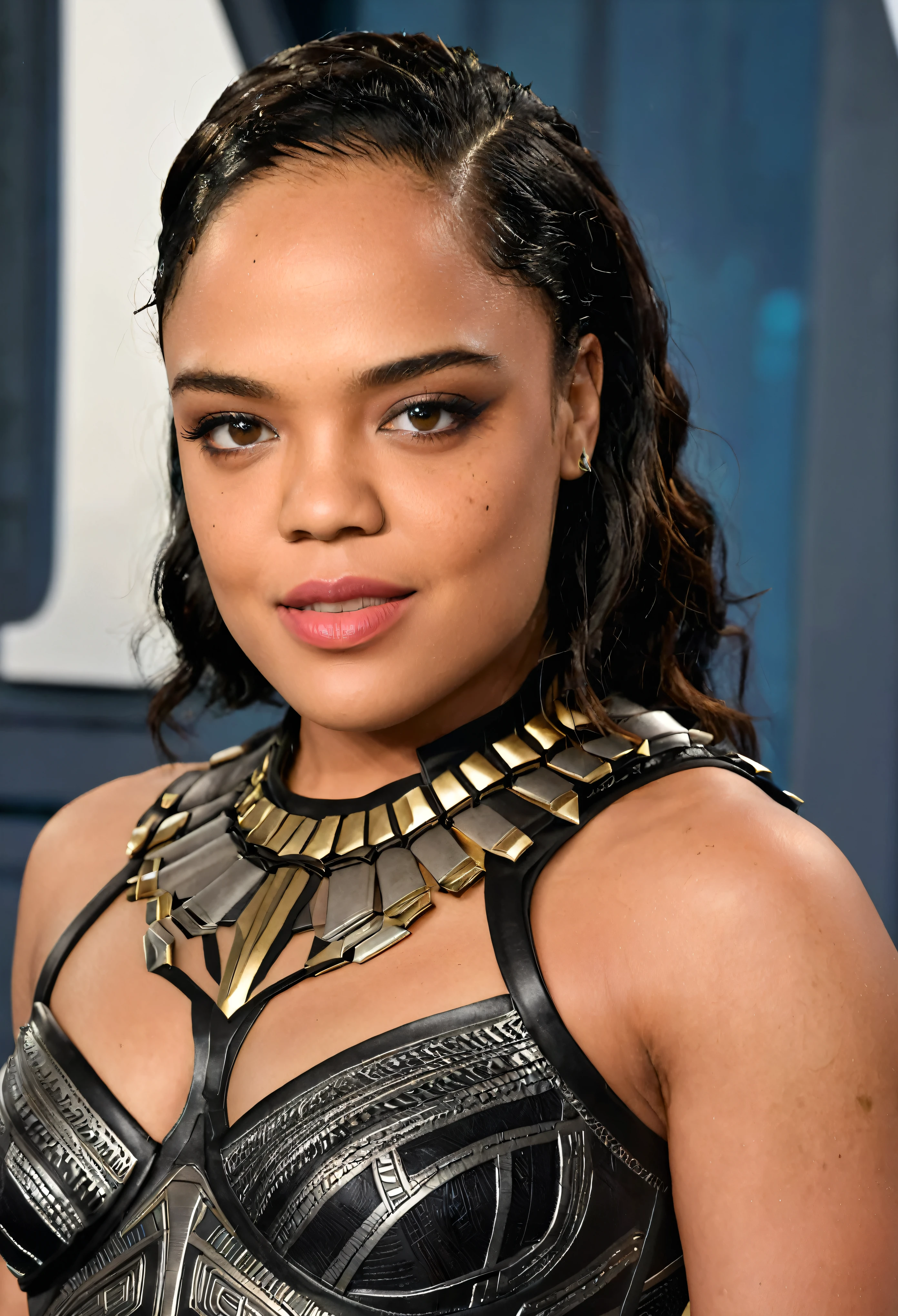 Extremely gorgeous woman Tessa Thompson AS A WAKANDAN WARRIOR, DETAILS, GOOD SKIN, highly detailed, skin pores, sharp focus, amazing details, 