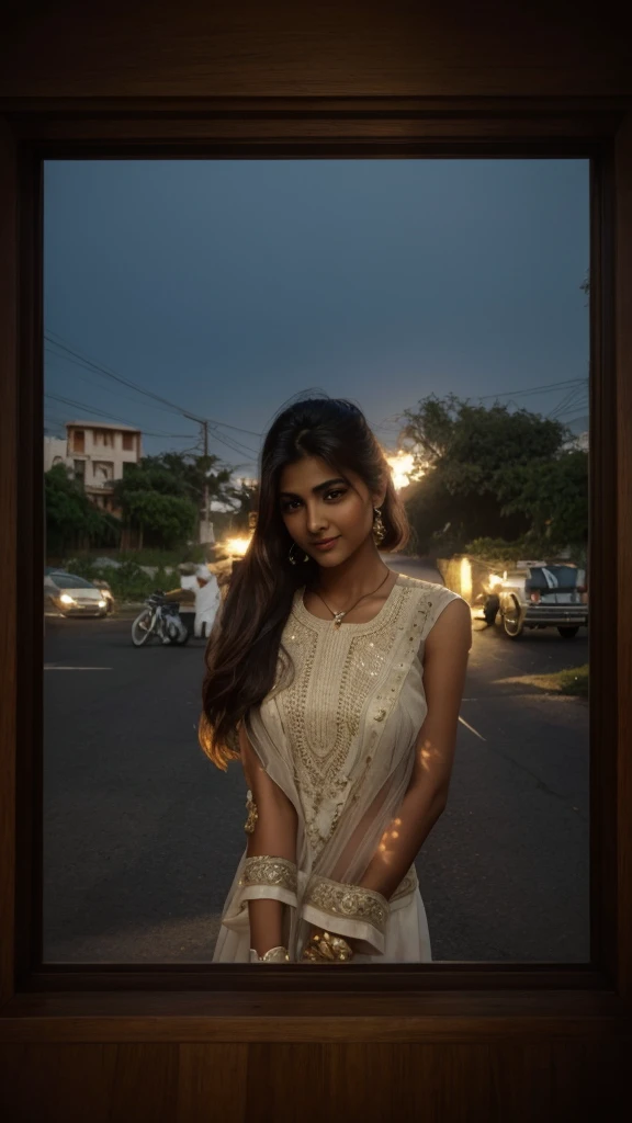 Half-body portrait of an 27-year-old indian girl, palak kushwaha, with a blonde ponytail, natural skin texture, perfect eyes, small brown eyes, warm lighting, soft shadows, low contrast, wearing a sleeveless white top. The image is a masterpiece, award-winning, photorealistic, highly detailed, with cinematic lighting, showcasing her natural beauty, delicate features, ethereal presence, smiling, and elegant.