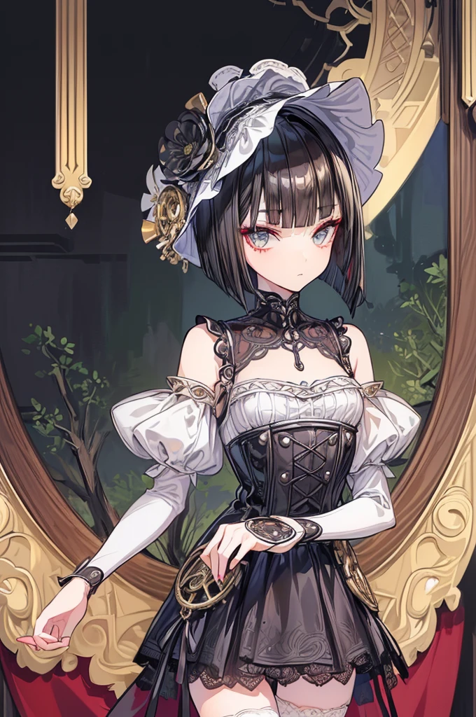 (masterpiece:1.3), (Confused:1.3), (highest quality:1.3),Perfect Anatomy,Detailed face,steampunk, Victorian era,Hongkong,Horizontal angle,hand,View your viewers, (Very detailed:1.3),(Best Shadow:0.7), alone,1 middle-aged woman,Saggy breasts,Very large breasts:1.7、(Processed hair), Pixie Cut,Beautiful Eyes, Beautiful Eyes, 1 middle-aged woman, alone, Are standing, Crystal Earrings,Closed_mouth, arm_behind_return,, Take a break outdoors, 