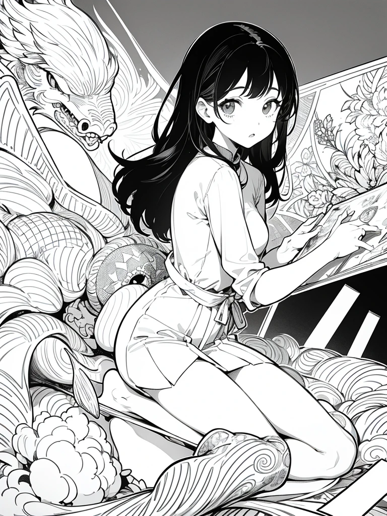 Line Art, comic, monochromes, illustratio, 1girl, masterpiece, best quality, super detail