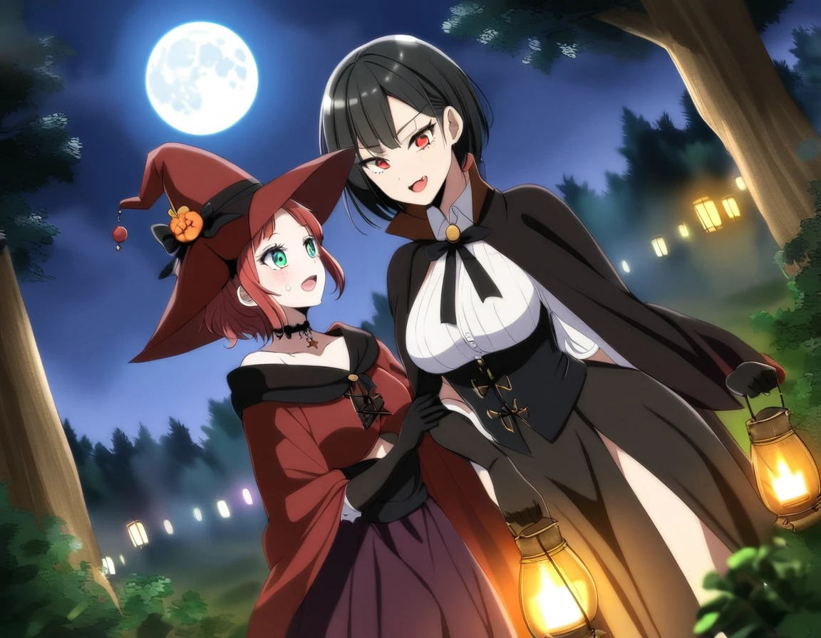 A Red haired witch girl with teal eyes and a black haired vampire gir with crimson eyes in a forest under a full moon, both mature