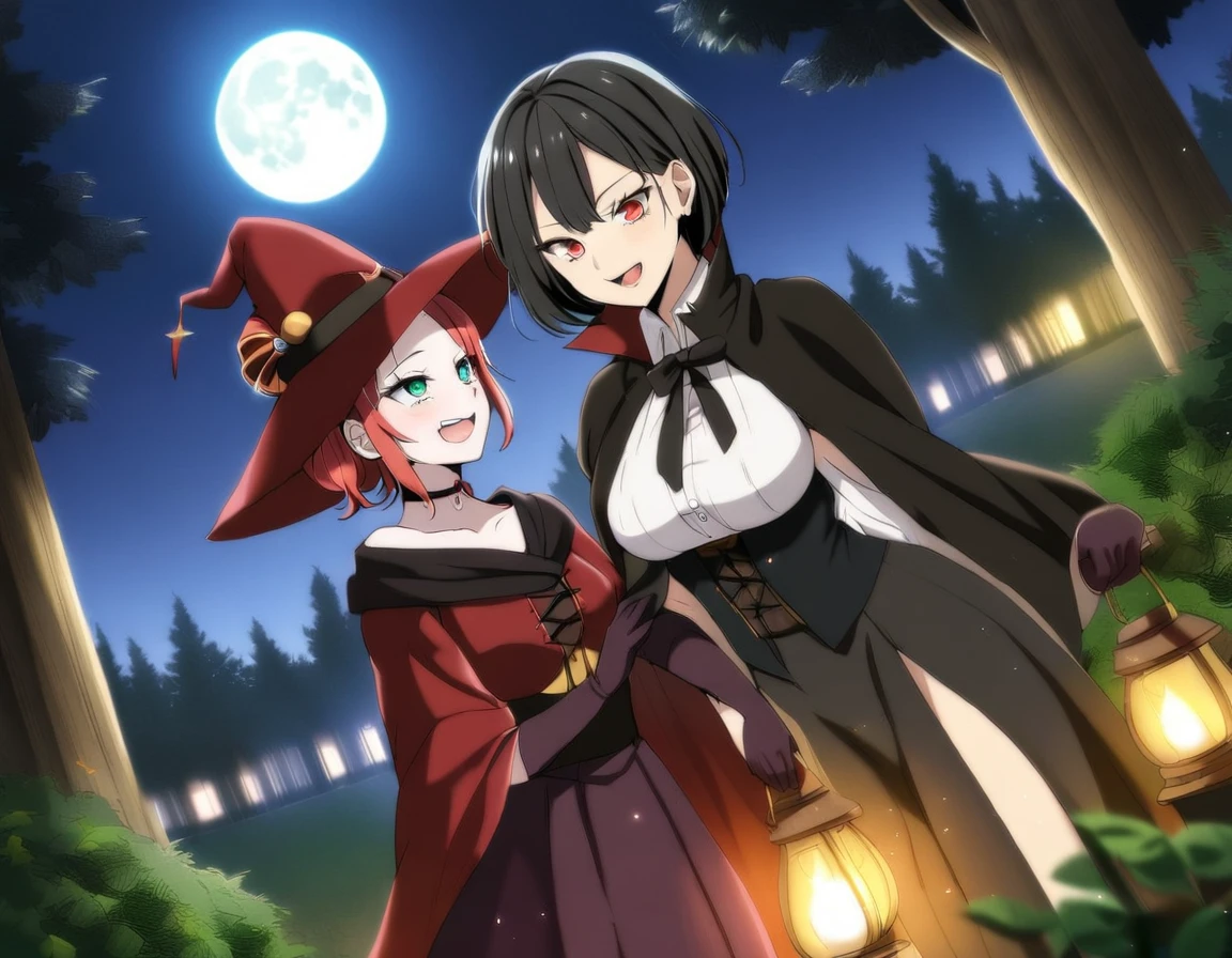 A Red haired witch girl with teal eyes and a black haired vampire gir with crimson eyes in a forest under a full moon, both mature