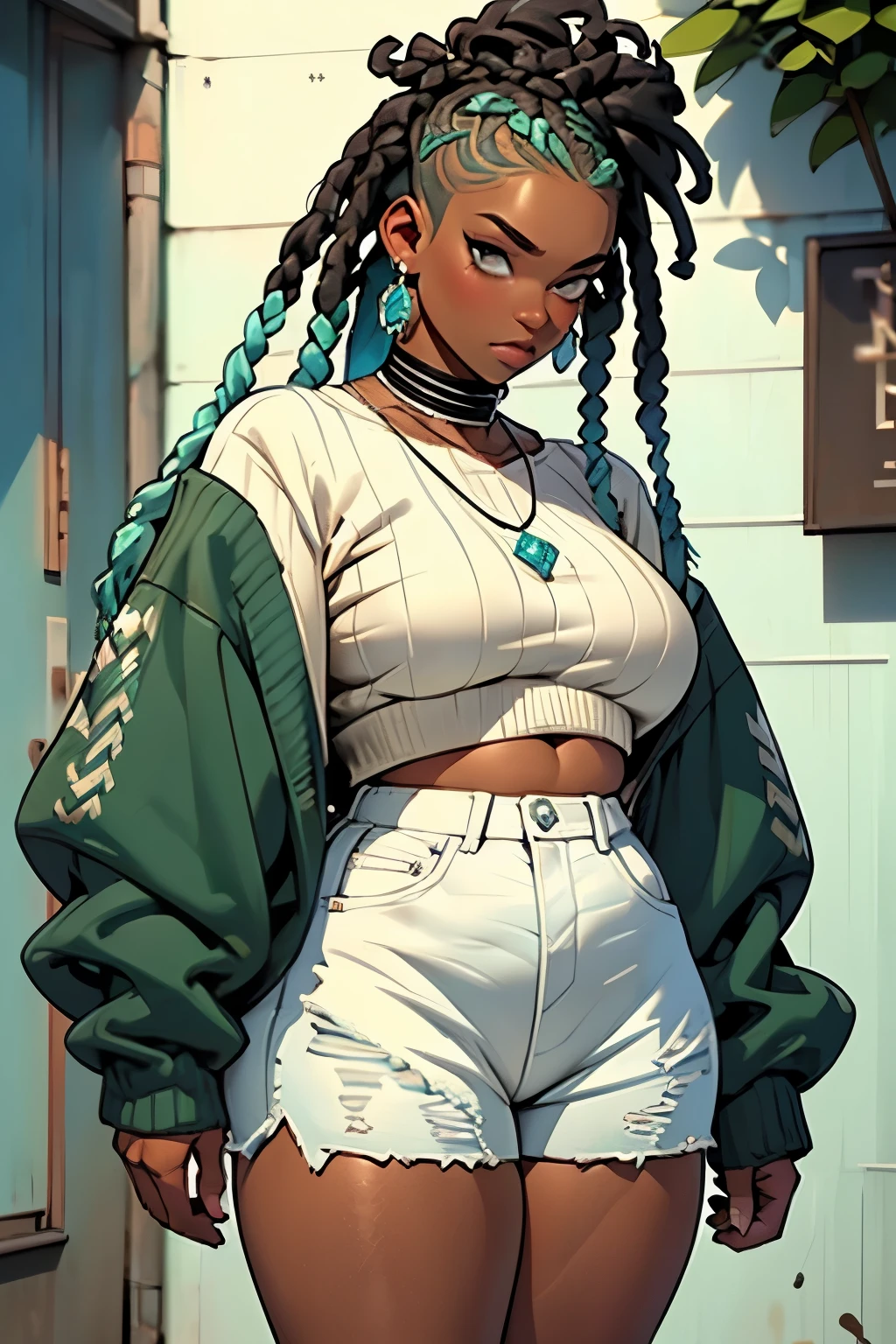 punk afro chubby girl with long freeform braided aquamarine seafoan green locs hairstyle and hairy legs)) (wearing cropped off-white sweater and black jeans shorts), plump thighs and soft big jiggly butt, (wearing diamond choker necklace), plump legs, dark skin, chocolate skin, ebony skin
