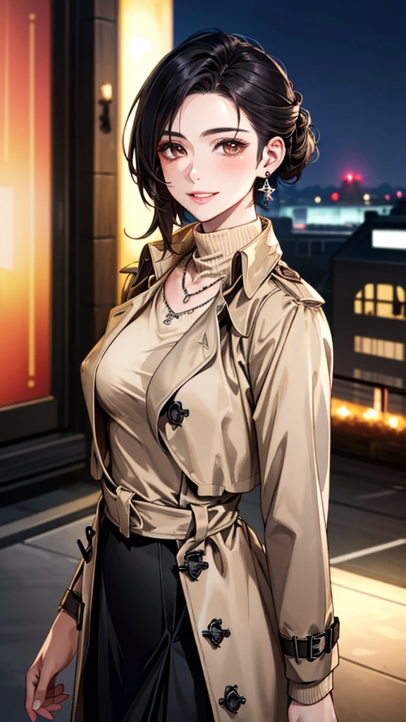 (masterpiece:1.3, Highest quality, Ultra-high resolution, Super detailed), (Realistic, photoRealistic:1.4), Beautiful illustrations, Perfect lighting, colorful, Depth of written boundary, 
Beautiful detailed hair, Beautifully detailed face, Beautiful fine details, Beautiful clavicle, Beautiful body, 美しい?????????????, Beautiful thighs, Beautiful feet, Beautiful fingers, 
(Open Court、Beige trench coat:1.4), ((White turtleneck sweater、Black long skirt 1.4))、
View Viewer、Front view:0.8, Beauty1人, Japanese, Beauty、30 years old, Perfect Face, (Perfect ???????, Anatomically correct), Cute and symmetrical face, Baby Face, , Shiny skin, 
(Black Hair, Updo Hair:1.4),  Dark brown eyes, ?????????????, Slim body, 
necklace, (Small earrings:1.3), 
(Beautiful views), (night), (city, cityscape in the distance), Are standing, A soft smile、(Smile, Lips parted), 