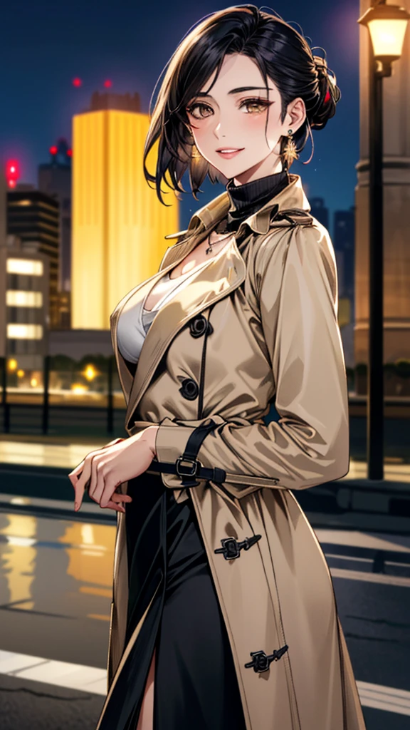 (masterpiece:1.2, Highest quality), (Realistic, photoRealistic:1.4), Beautiful illustrations, (Natural Side Lighting, Cinema Lighting), ,
View your viewers, 1 Girl, Japanese, 30 years old,Perfect Face, Cute and symmetrical face, Shiny skin,
(ponytail, Black Hair), Brown eyes, Long eyelashes, (Large Breasts,),
Beautiful Hair, Beautiful Face, Beautiful attention to detail, Beautiful clavicle, Beautiful body, Beautiful breasts, Beautiful thighs, Beautiful feet, Beautiful fingers,
blouse, ((白いblouse, 開いた茶色のtrench coat)), trench coat, Black Skirt, Hair Ribbon,
(Beautiful views), (night), (city, cityscape in the distance)、 Standing, (smile),
