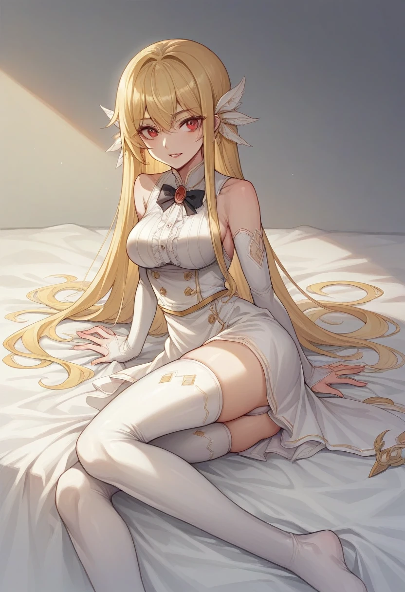 Make me a realistic picture, em Golden hour, uma mulher segurando um tabaco/enrolado em papel fino, she is sitting on white sheets, tem cabelos longos e cacheados, Her hair is red, ela tem olhos verdes.