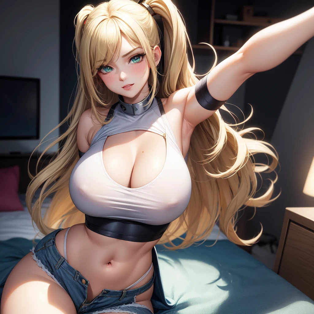 One girl, solo, Big round breasts, curvy hips, hourglass waist, realistic, bright blonde hair, light green eyes, amazing big eyes, eye details, eyebrow details, white crop top, denim skirt, parted lips, blush, confident, dominant, bdsm, smirk, naughty, mischevious face, HD, good quality, crop top, curvy, bedroom setting, standing up, fully body, close up