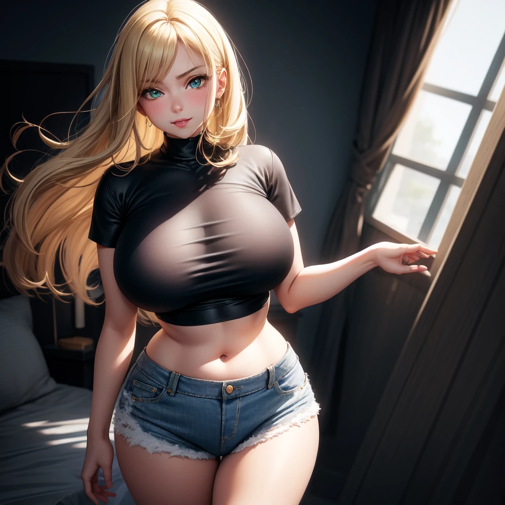 One girl, solo, Big round , curvy hips, hourglass waist, realistic, bright blonde hair, light green eyes, amazing big eyes, eye details, eyebrow details, white crop top, denim skirt, parted lips, blush, confident, dominanm, smirk, hty, mischevious face, HD, good quality, crop top, curvy, bedroom setting, standing up, fully body, close up 