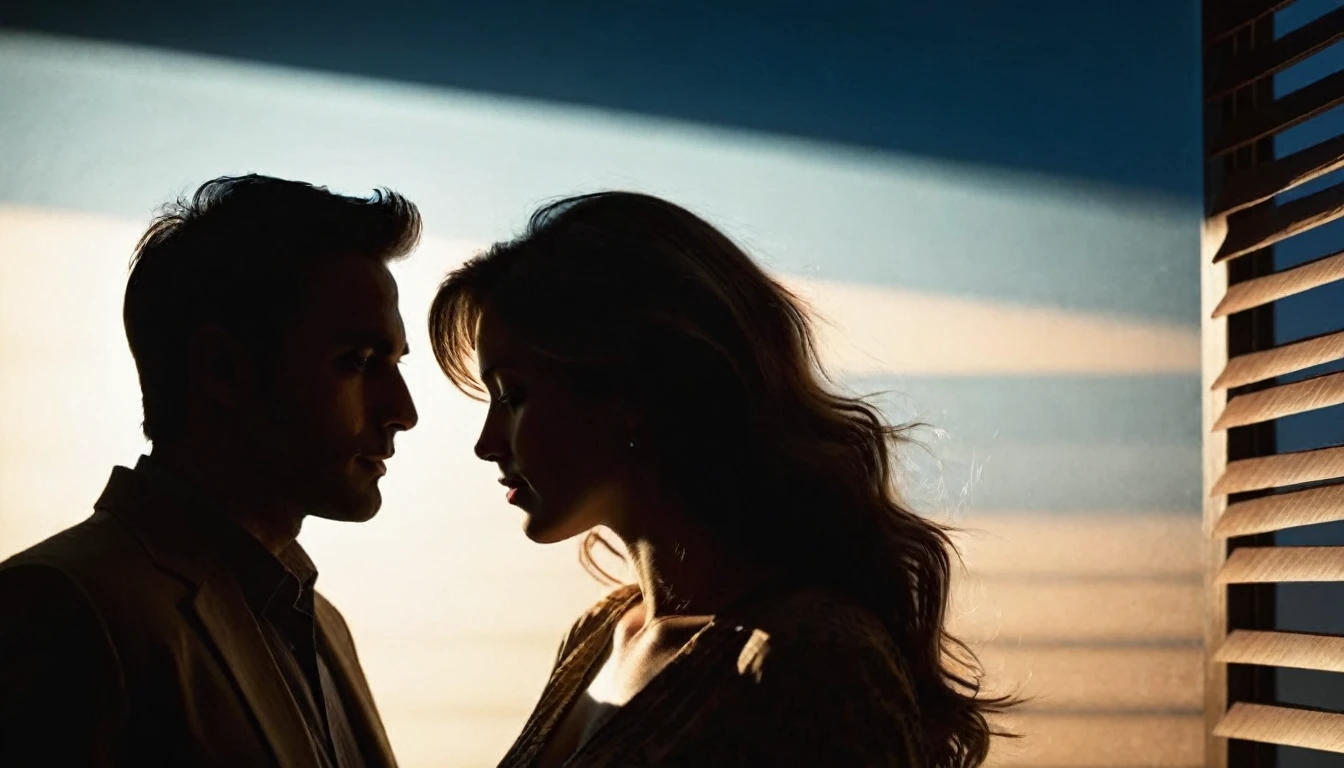 Visualize the dark silhouette profile of one woman and one man in room who talk to each other in backlit at night.There are silhouette profile of two people are in room who talk to each other in the ((darkened)) room,  silhouettes profile of a man and the woman, soft moonlight through shutters, backlit, cinematic sunset light, shutters, back lit, intense moonlight, very realistic film still, favorite scene, perfectly lit. movie still, back - lit, digitally enhanced Shutters in the background. A silhouettes profile of a man and woman are who talk to each other in the background is shutters. The light of the moon shines through the shutters. Light filtering in through a shutters, the shadow of the shutter is drawn on the wall and on the man and woman. Backlight, silhouettes profile of the man and woman. hyper detailed,sfumato, chiaroscuro,Sharp focus, depth of field, lifelike textures, best shadows, best quality. Warm color tones. Realism, photorealism, hyperrealism,sharp focus, wide angle, insanely intricate details, analog, film grain, dslr, raw photo,  hdr, uhd, 8k, 35 mm film,photographed on Nikon
