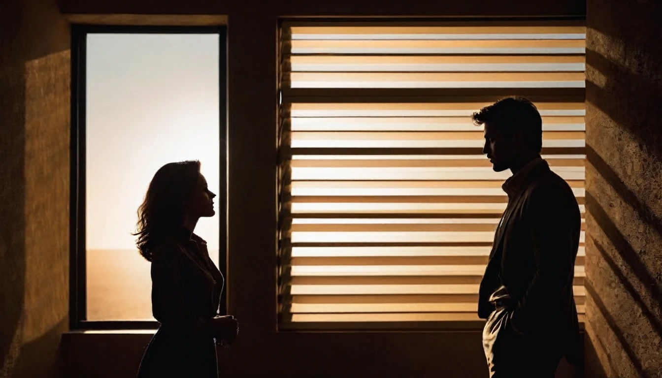 Visualize the dark silhouette profile of one woman and one man in room who talk to each other in backlit at night.There are silhouette profile of two people are in room who talk to each other in the ((darkened)) room,  silhouettes profile of a man and the woman, soft moonlight through shutters, backlit, cinematic sunset light, shutters, back lit, intense moonlight, very realistic film still, favorite scene, perfectly lit. movie still, back - lit, digitally enhanced Shutters in the background. A silhouettes profile of a man and woman are who talk to each other in the background is shutters. The light of the moon shines through the shutters. Light filtering in through a shutters, the shadow of the shutter is drawn on the wall and on the man and woman. Backlight, silhouettes profile of the man and woman. hyper detailed,sfumato, chiaroscuro,Sharp focus, depth of field, lifelike textures, best shadows, best quality. Warm color tones. Realism, photorealism, hyperrealism,sharp focus, wide angle, insanely intricate details, analog, film grain, dslr, raw photo,  hdr, uhd, 8k, 35 mm film,photographed on Nikon