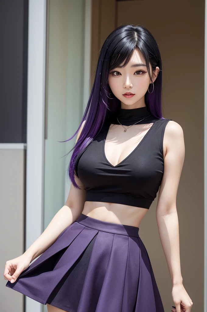 Asian woman with black hair with purple tips, a black top, and a black skirt