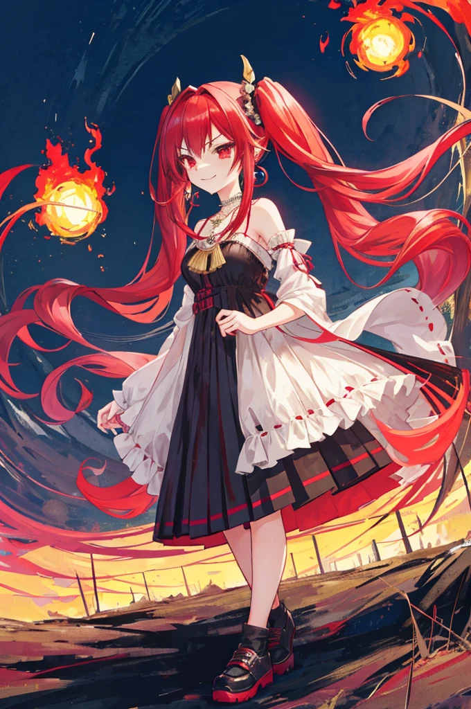 {{Eroge,Game CG,High quality game CG},{{{1girl in}}},{{masutepiece}}, {{{Best Quality}}}, {{Ultra-detailed}}, {{Illustration}},,{{magical little girl}},brooches,,,, {{disheveled hair}},,Big hair, Gradient Hair,Small breasts,,,Drill Hair, {pocket watch},absurdly long hair, Dreadlocks, Red hair, Red hair,Red hair,Gradient Hair,((Evil smile)), v shaped_eyebrows, zettai_ryouiki,,,, floral print and pleated skirt. Add accessories like fringed earrings or a statement necklace.、Complete the look. Gather on the grassland with adventurers,burning city background,((Shoulders and arms are exposed)),(Evil smile),Furious,(Evil smile),(loli girl),(loli girl),Jewel-like red eyes,(Arms Exposed),((high twintails)),twintails, girl,((full body)),angry,burning city,turn around to look at me,