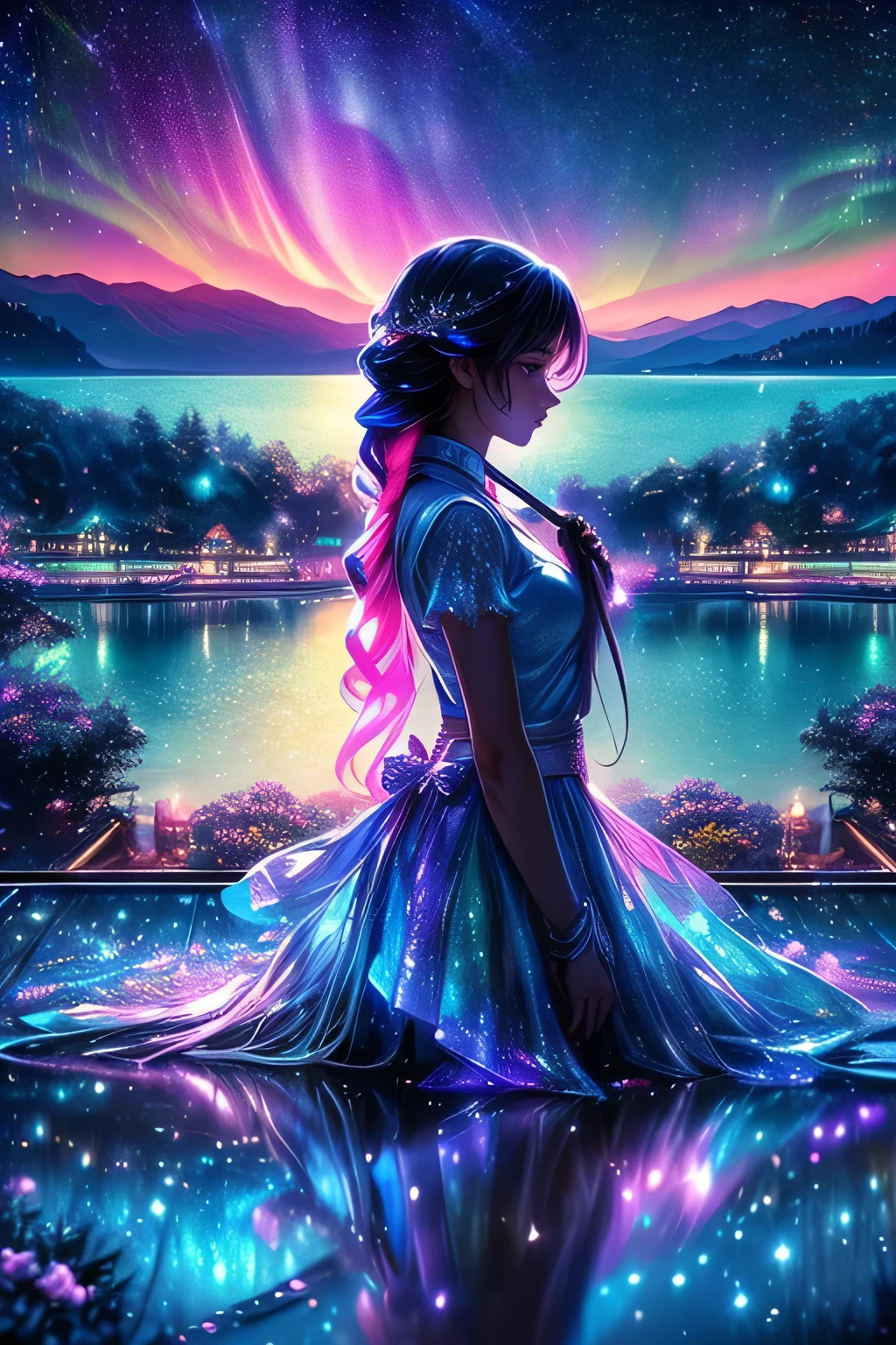 raw photo:1.2, masterpiece, highest quality, 16k, unbelievably absurd, very detailed, perfect beauty, (double exposure vibrant colors silhouette:1.3), (layered vibrant colors silhouette:1.2), (floor garden photo scenery), snowflakes, starry sky with aurora, flowing towel, flowy long hair, (lake:1.2), (realistic photo scenery), (moonlight), (magical girl command with a magic wand), 