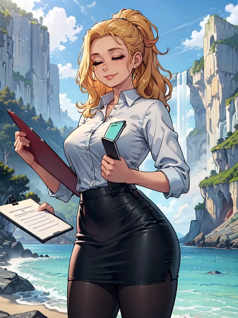 ((art by Kipteitei)), ((Masterpiece, best quality, perfect lighting, amazing shading)), (perfect anatomy, realistic proportions), field of depth, extremely beautiful, 1girl, (blond hair), long wavy hair, hair up, closed eyes, pencil skirt, dress shirt, black tights, cute smile, ((holding a clipboard tight)), beach background with cliff and waterfall, detailed background, (cowboy shot),