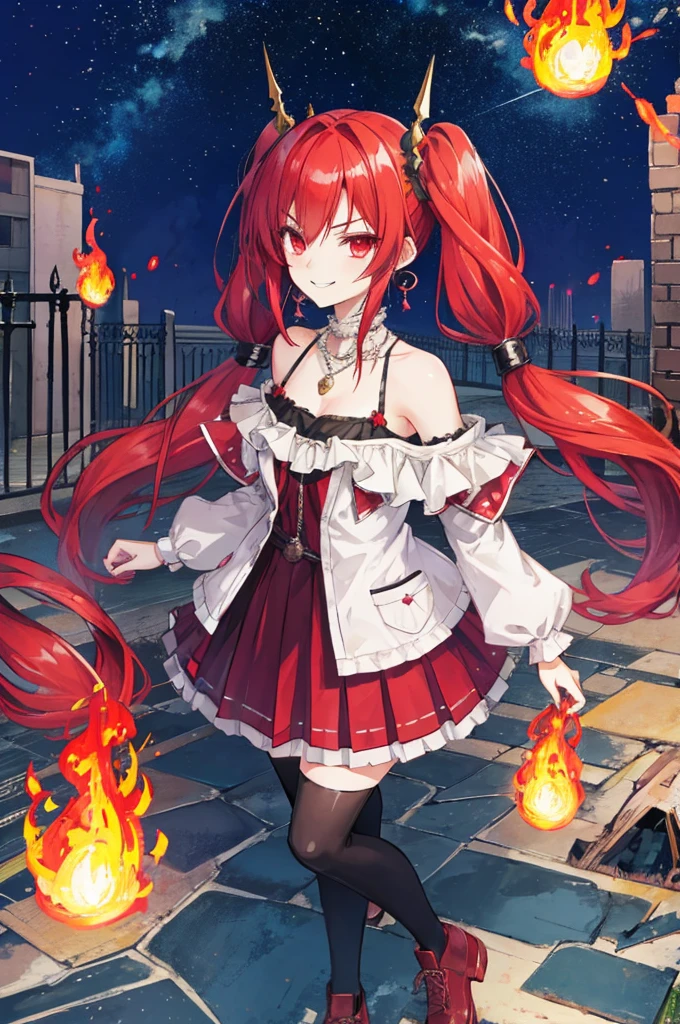 {{Eroge,Game CG,High quality game CG},{{{1girl in}}},{{masutepiece}}, {{{Best Quality}}}, {{Ultra-detailed}}, {{Illustration}},,{{magical little girl}},brooches,,,, {{disheveled hair}},,Big hair, Gradient Hair,Small breasts,,,Drill Hair, {pocket watch},absurdly long hair, Dreadlocks, Red hair, Red hair,Red hair,Gradient Hair,((Evil smile)), v shaped_eyebrows, zettai_ryouiki,,,, floral print and pleated skirt. Add accessories like fringed earrings or a statement necklace.、Complete the look. Gather on the grassland with adventurers,burning city background,((Shoulders and arms are exposed)),(Evil smile),Furious,(Evil smile),(loli girl),(loli girl),Jewel-like red eyes,(Arms Exposed),((high twintails)),twintails, girl,((full body)),angry,burning city,turn around to look at me,