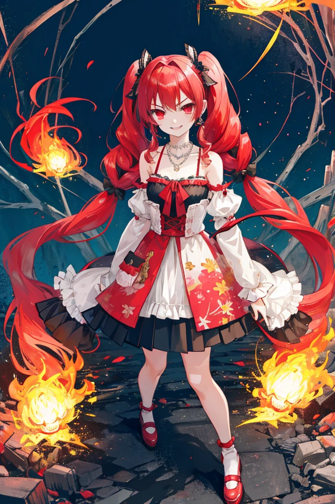 {{Eroge,Game CG,High quality game CG},{{{1girl in}}},{{masutepiece}}, {{{Best Quality}}}, {{Ultra-detailed}}, {{Illustration}},,{{magical little girl}},brooches,,,, {{disheveled hair}},,Big hair, Gradient Hair,Small breasts,,,Drill Hair, {pocket watch},absurdly long hair, Dreadlocks, Red hair, Red hair,Red hair,Gradient Hair,((Evil smile)), v shaped_eyebrows, zettai_ryouiki,,,, floral print and pleated skirt. Add accessories like fringed earrings or a statement necklace.、Complete the look. Gather on the grassland with adventurers,burning city background,((Shoulders and arms are exposed)),(Evil smile),Furious,(Evil smile),(loli girl),(loli girl),Jewel-like red eyes,(Arms Exposed),((high twintails)),twintails, girl,((full body)),angry,burning city,turn around to look at me,