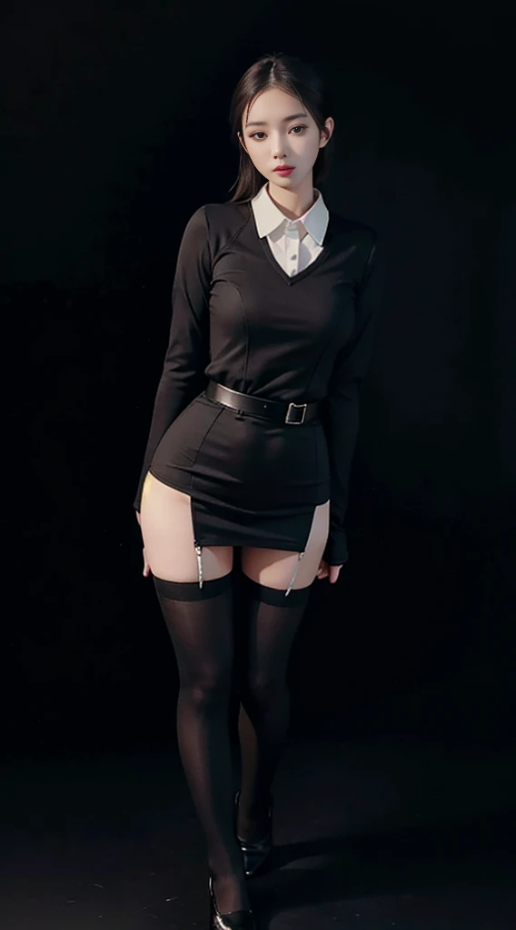 best quality, full body image, delicate face, beautiful face, 25 year old woman, Slender figure, OL uniform, Recipe set, black stockings, black gray background