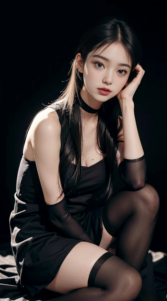 (8k, UHD, best quality, highres, award winning, high quality, high details, super detail, textured skin, anatomically correct, masterpiece, ccurate, retina), Korean female model, Height 175 cm, perfect bodies, Long legs, wavy and long hair, Wearing 0D pantyhose, full lenght shot, (((full body: 1.5))), Sexy pose, Draped skirt, Dressed in black lace, The whole body in black, Thin stockings, tightly dress, tightly mini skirt, tightly v-neck shirt, shirt with a collar, ray tracing
