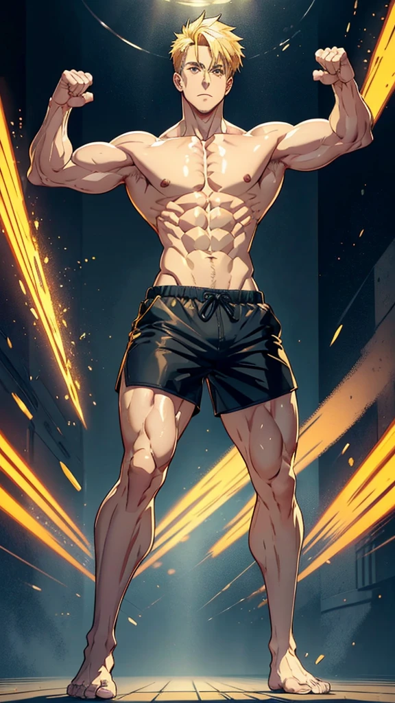 Create a hyperrealistic, photorealistic, 4K anime male (blonde hair), (captivating orange eyes), (broad shoulders). His character is physically strong and defined, mature (sharp jaw) (visible abs and biceps) ((no shirt)) ((tight shorts)), completing his sleek and formidable appearance. (big chest) ((full body shot head to toe in camera front-facing)) ((front-facing)) 1:1 shot ((no shoes)) ((detailed)) (flat perspective) ((slimmer build)) (yelling into the air with a power up pose)