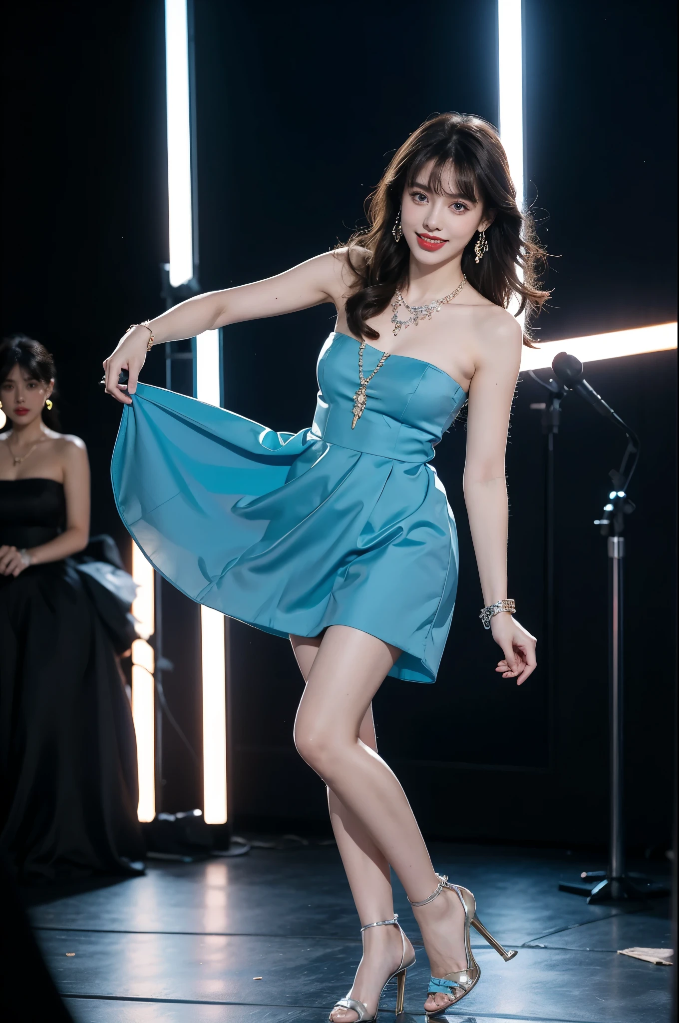 1girl,bangs,bare shoulders,necklace,strapless blue dress,detailed background,detailed eyes,brown hair,earrings,full body,jewelry,slim,flat chest,messy hair,looking at viewer,makeup,night scene,red lips,signature,laughing,solo,standing,slender legs,high heels,On the T-stage,catwalk,fashion show,Surrounded by crowded crowds on both sides of the stage,neon lights
