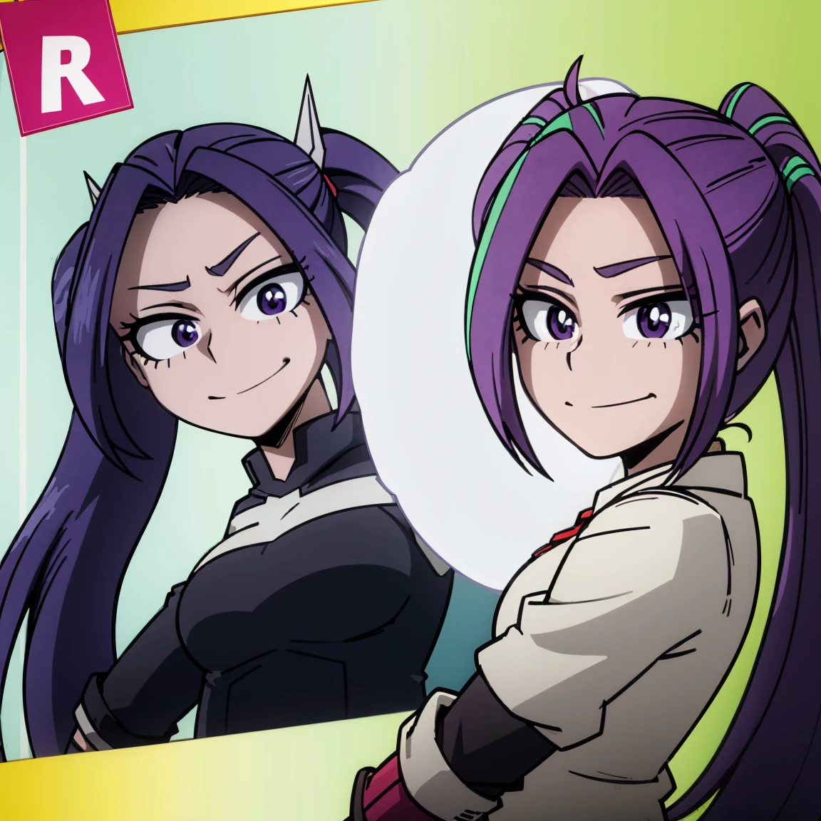 1girl, female focus, aria blaze, boku no hero academia, masterpiece, best quality, very aesthetic, absurdres, twintails hair, purple hair, lavender eyes, smirk, female hero outfit