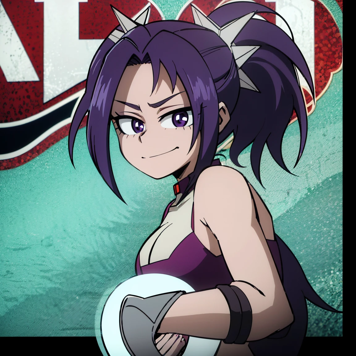 1girl, female focus, aria blaze, boku no hero academia, masterpiece, best quality, very aesthetic, absurdres, twintails hair, purple hair, lavender eyes, smirk, female hero outfit